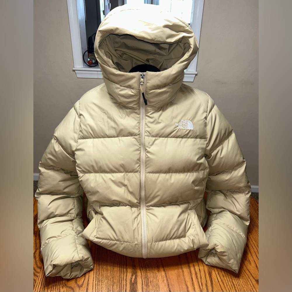 HOT Women THE NORTH FACE @ 550 DOWN HOOD PUFFER MID-LENGTH CREAM COAT JACKET XL
